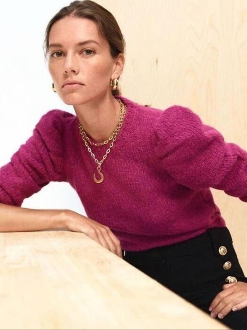 10 Crosby Derek Lam Locken Fuchsia Puff-Sleeve Crewneck Sweater